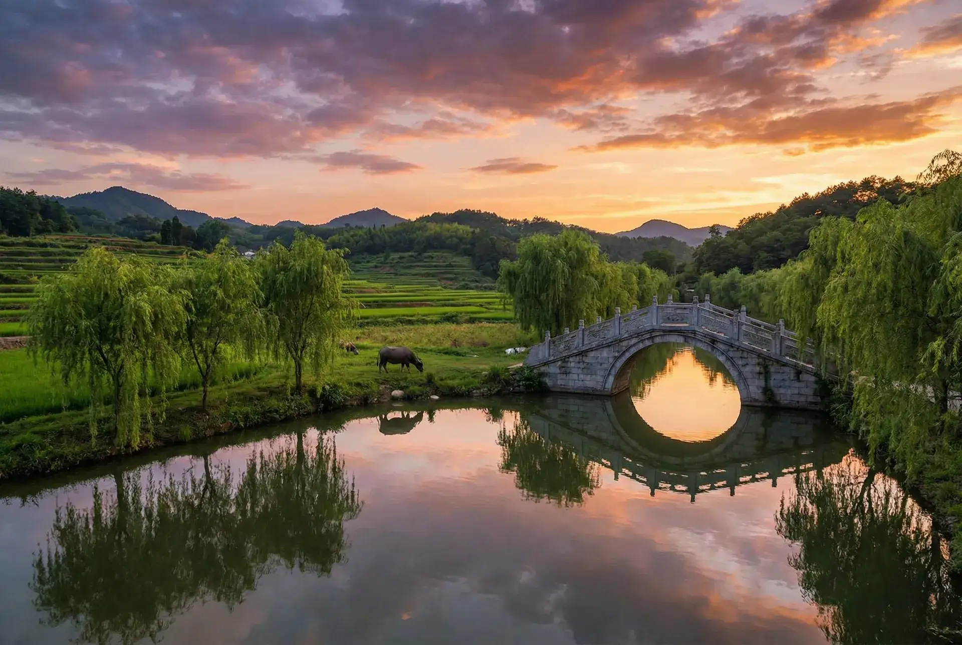 夕阳下的石拱桥与垂柳，水牛在河边吃草 - 中文字幕AV波多野结衣 乡村美景